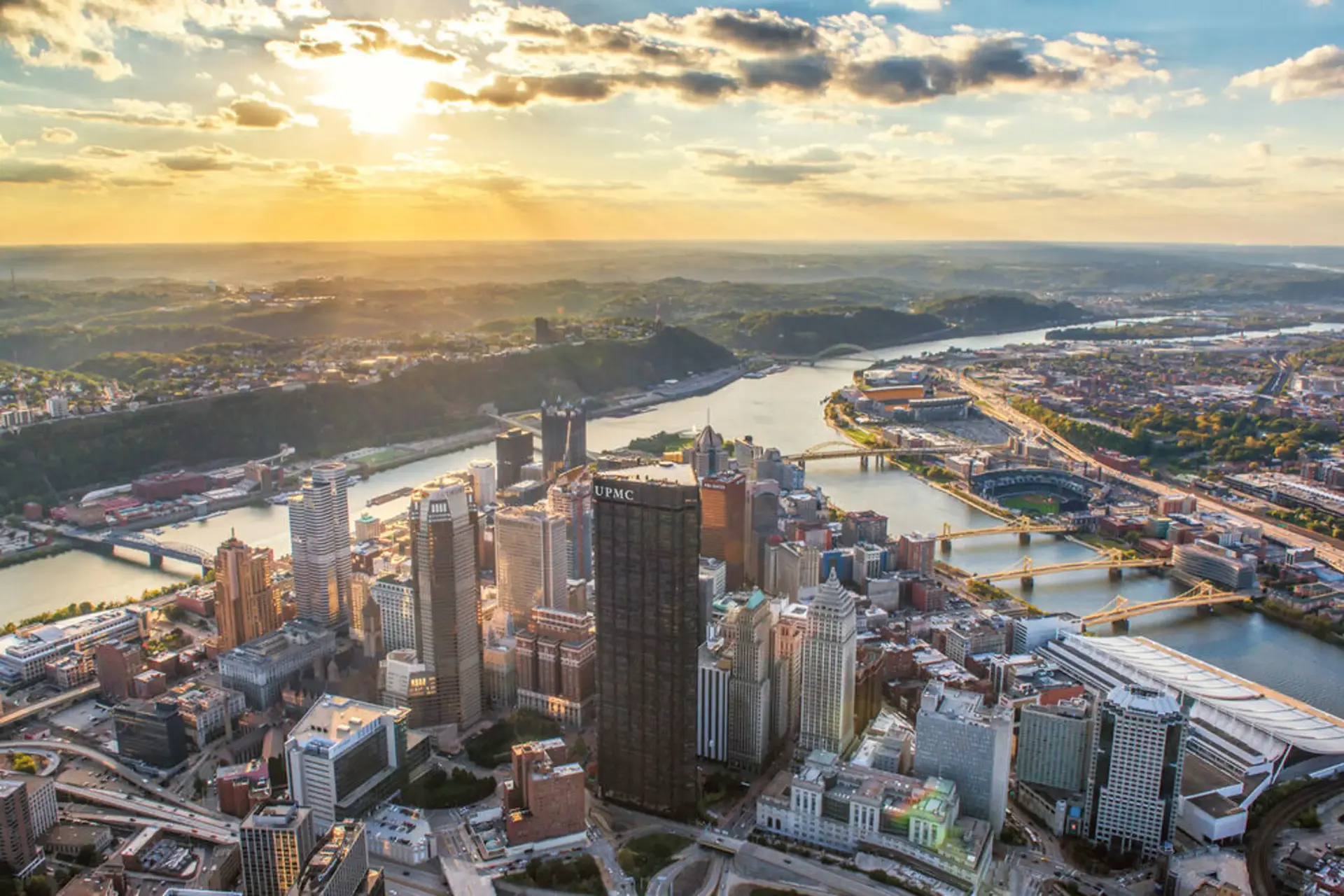 Downtown Pittsburgh skyline at sunset, minutes from the condo