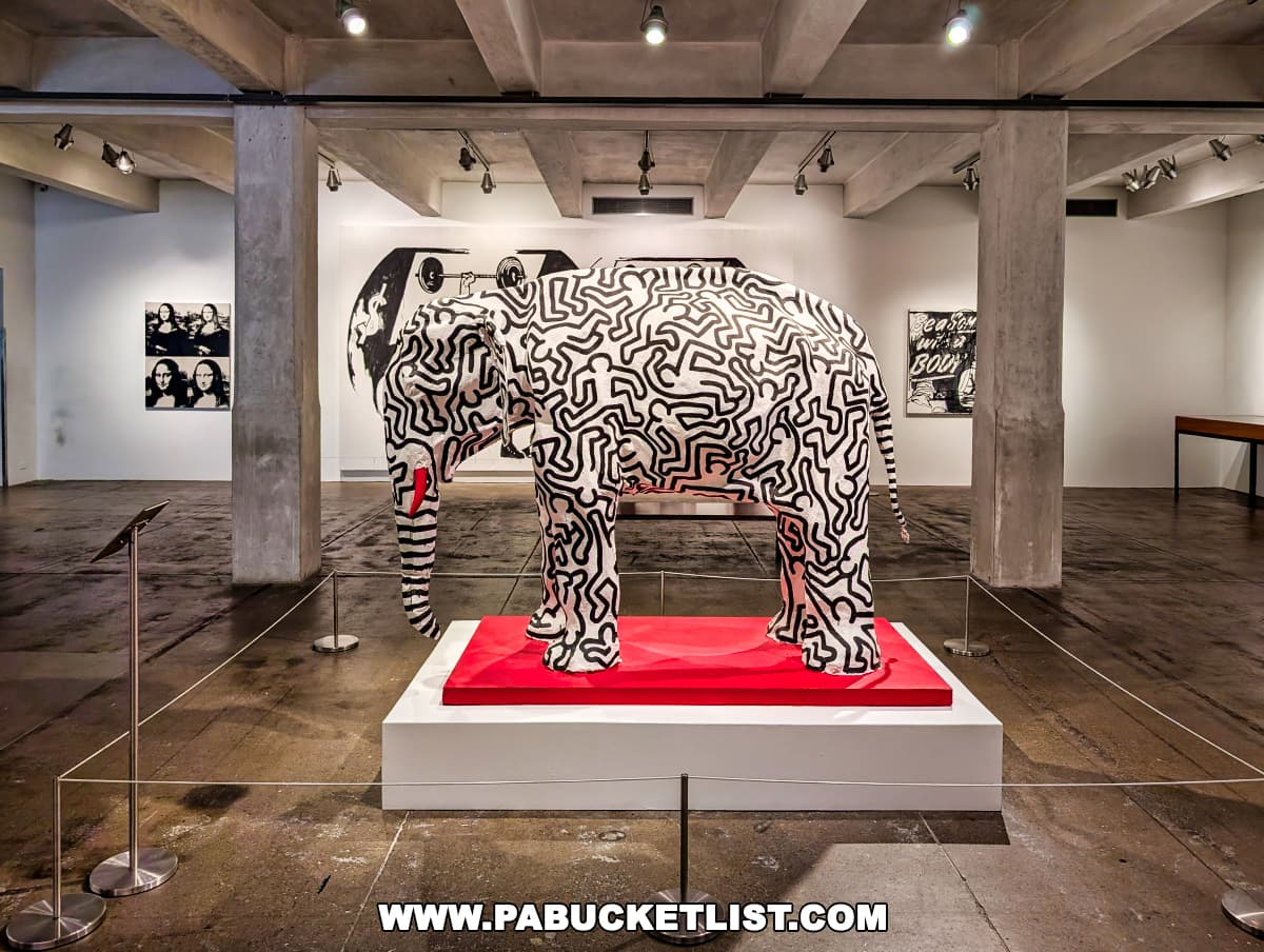 Keith Haring painted elephant sculpture in a gallery at the Andy Warhol Museum